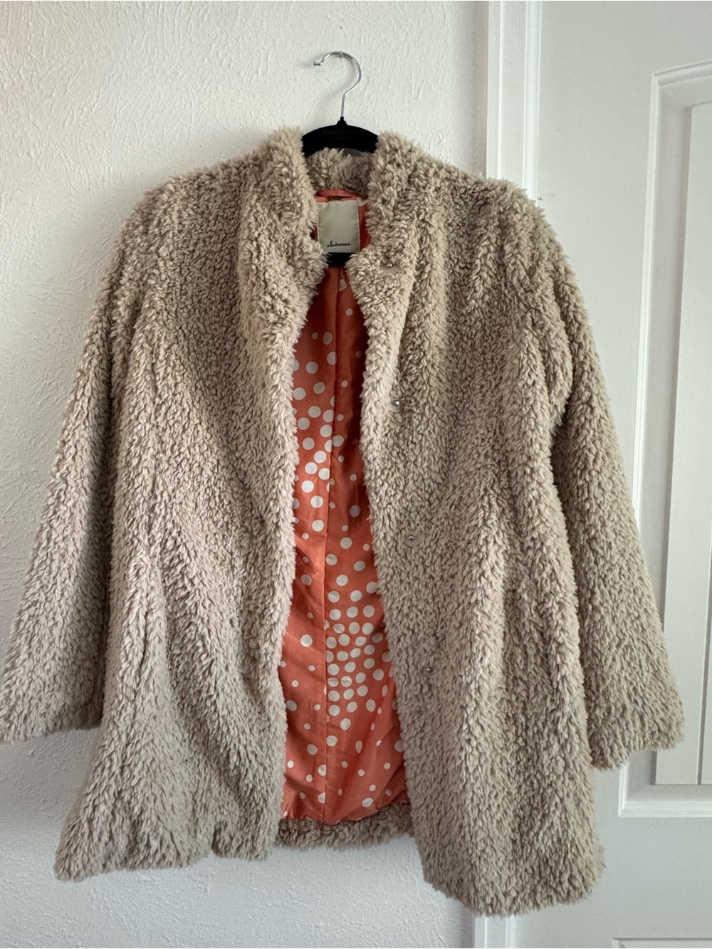 elevenses Cream Teddy Jacket with Coral Polka Dot Lining